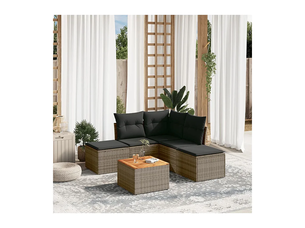 Salon de jardin 6 pcs avec coussins gris résine tressée