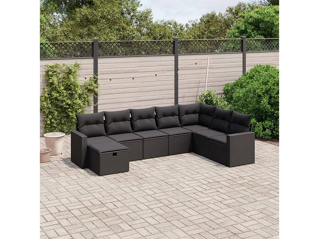 Salon de jardin 8 pcs avec coussins noir résine tressée