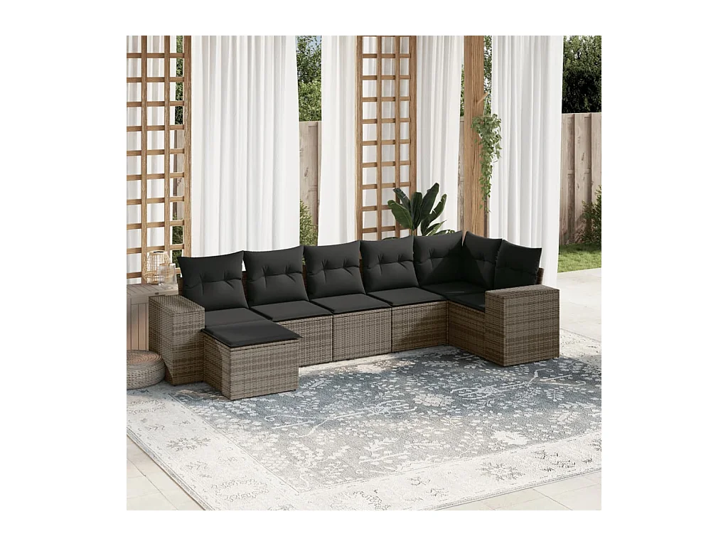 Salon de jardin avec coussins 7 pcs gris résine tressée