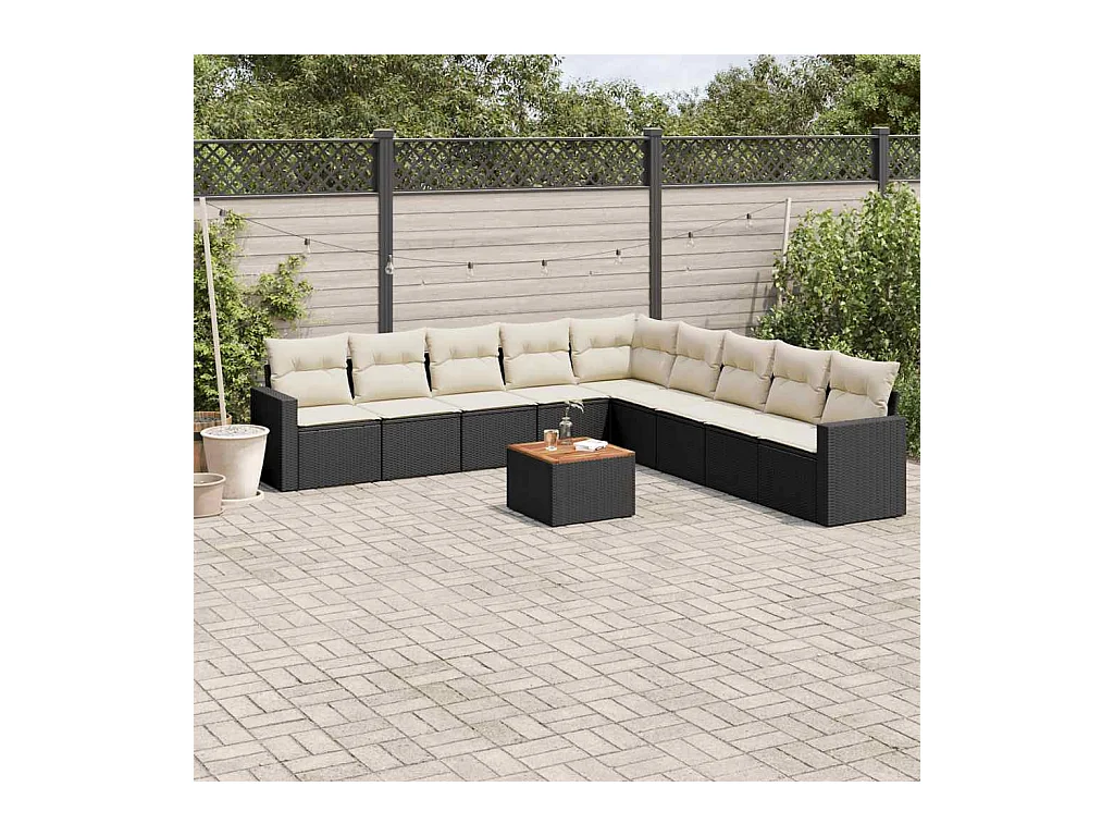 10-delige Loungeset met kussens poly rattan zwart