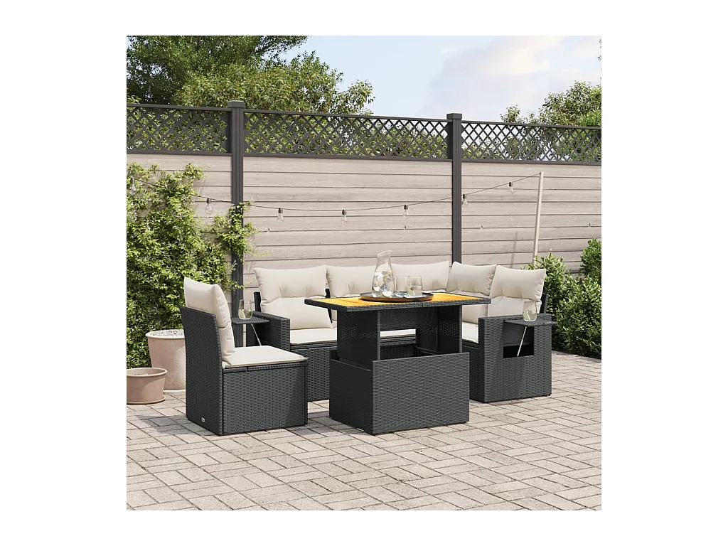 Set de sofás de jardín 6 piezas y cojines ratán sintético negro