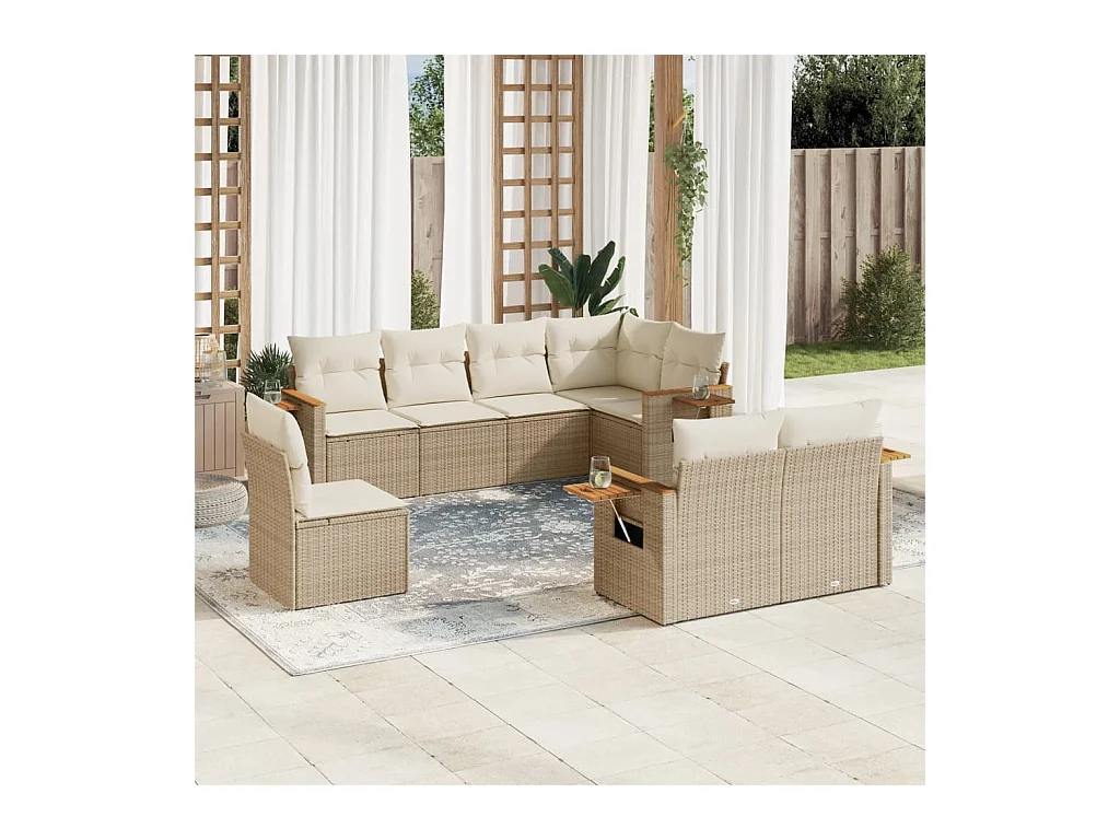 8 pcs conjunto de sofás p/ jardim com almofadões vime PE bege