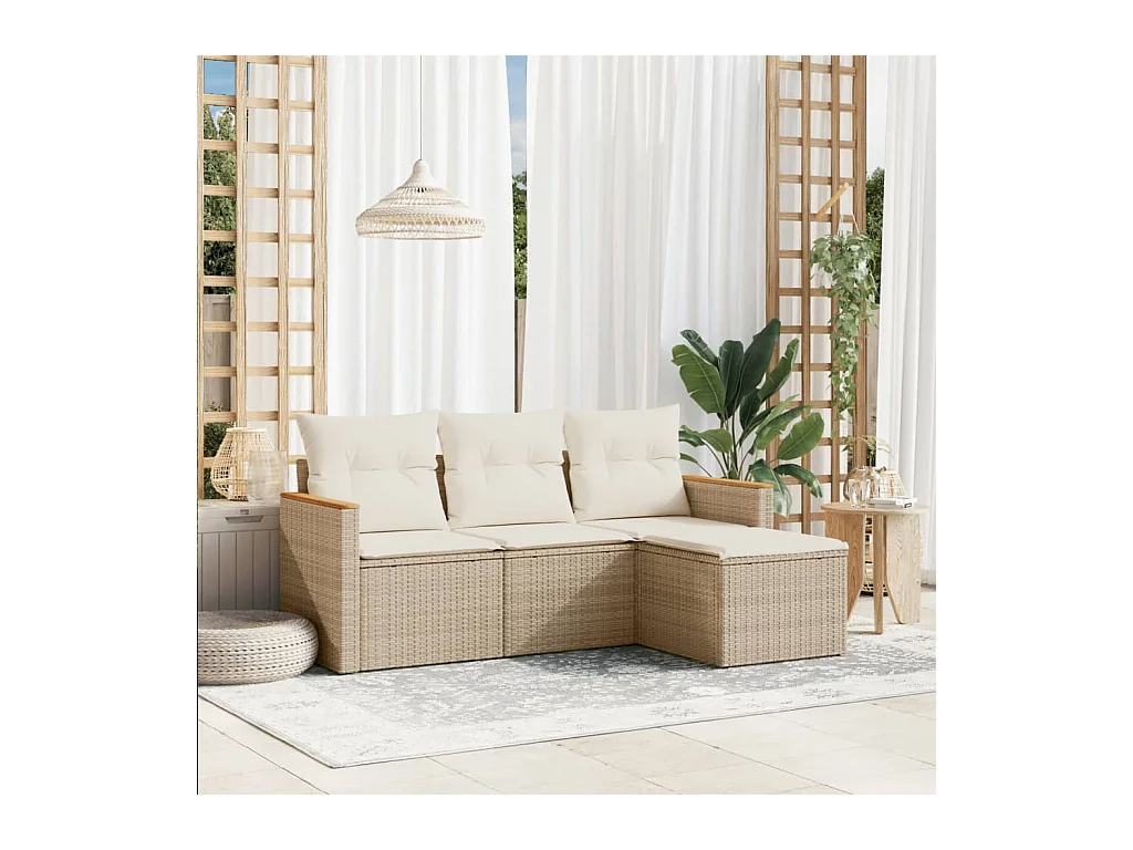 Salon de jardin avec coussins 4 pcs beige résine tressée