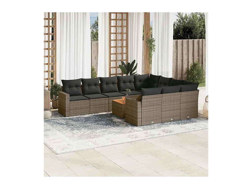 Salon de jardin 11 pcs avec coussins gris résine tressée