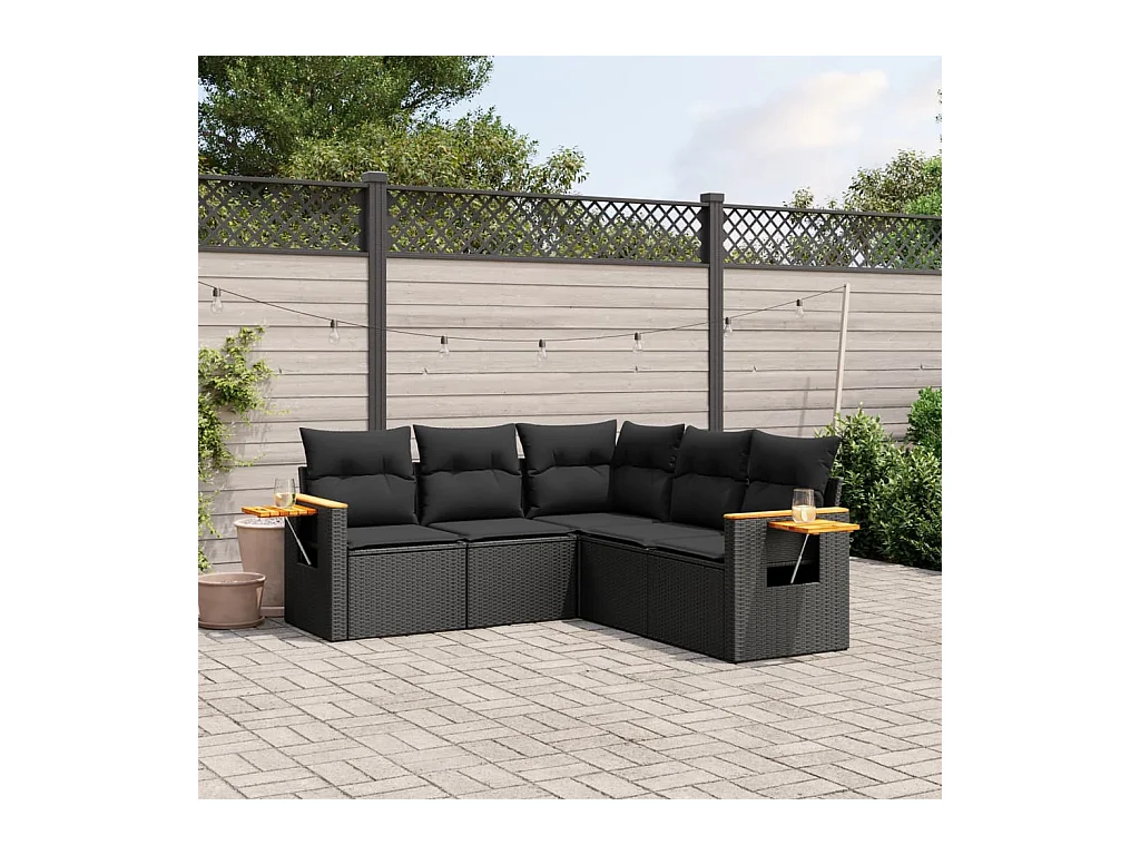 Salon de jardin 5 pcs avec coussins noir résine tressée