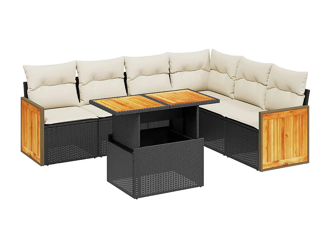 Salon de jardin 7 pcs avec coussins noir résine tressée