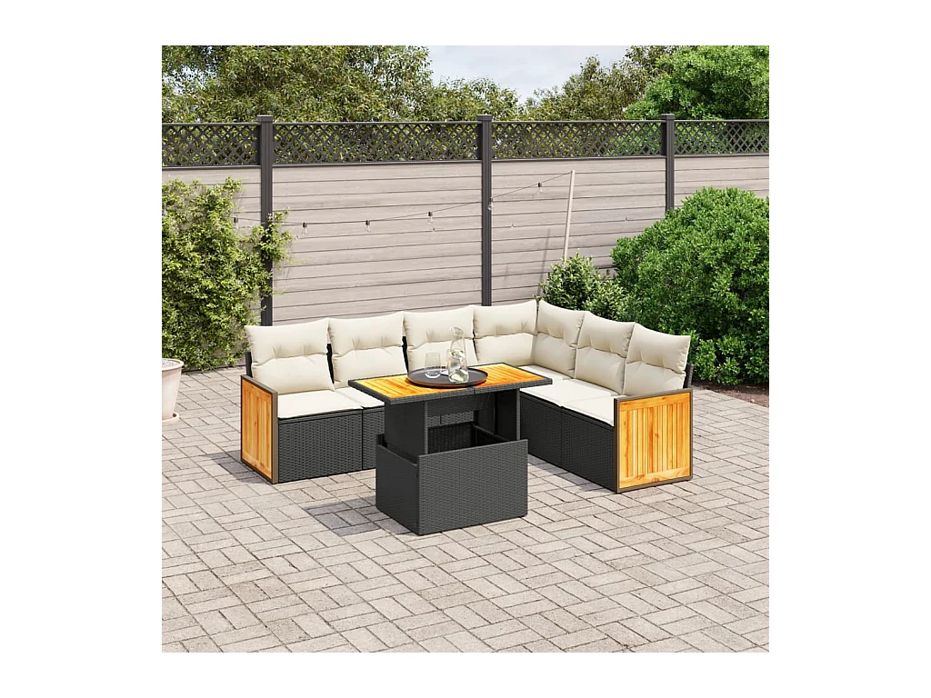 7-delige Loungeset met kussens poly rattan zwart