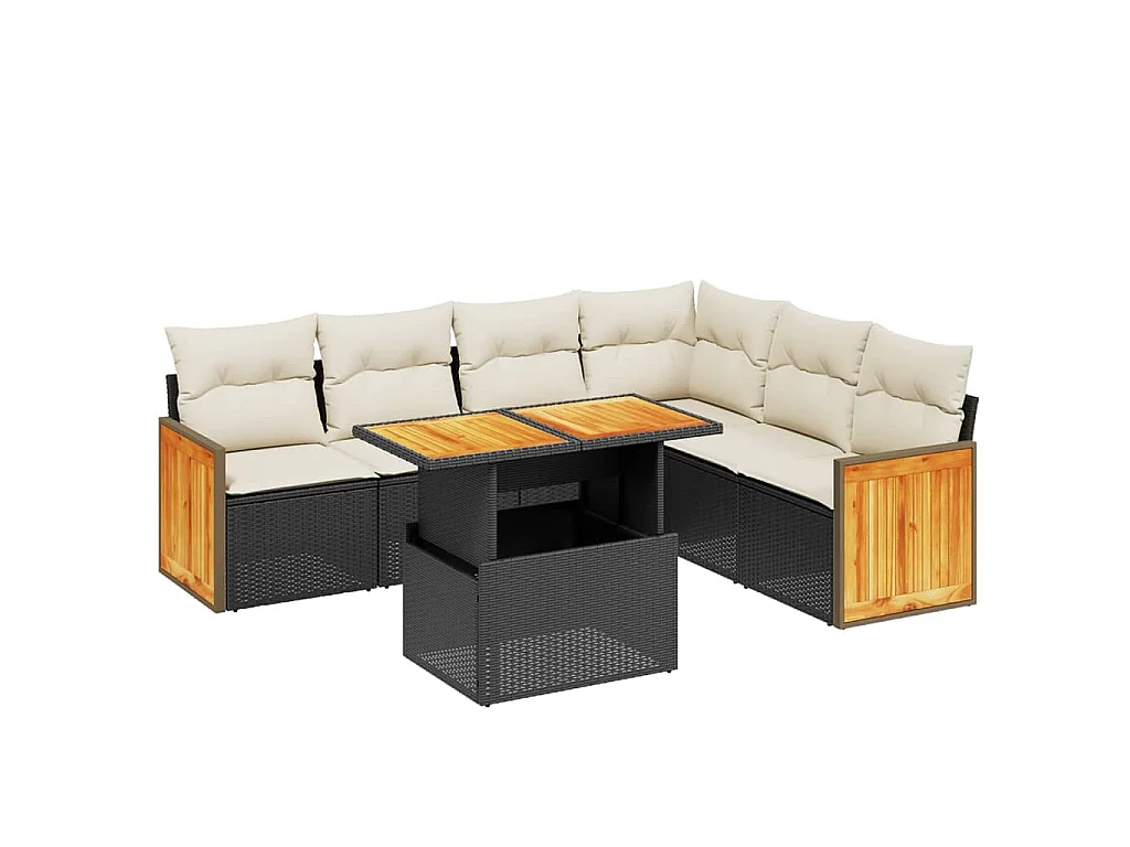 7 pcs conjunto de sofás p/ jardim c/ almofadões vime PE preto