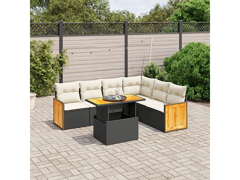 Salon de jardin 7 pcs avec coussins noir résine tressée