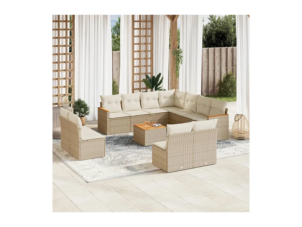 Salon de jardin avec coussins 12 pcs beige résine tressée