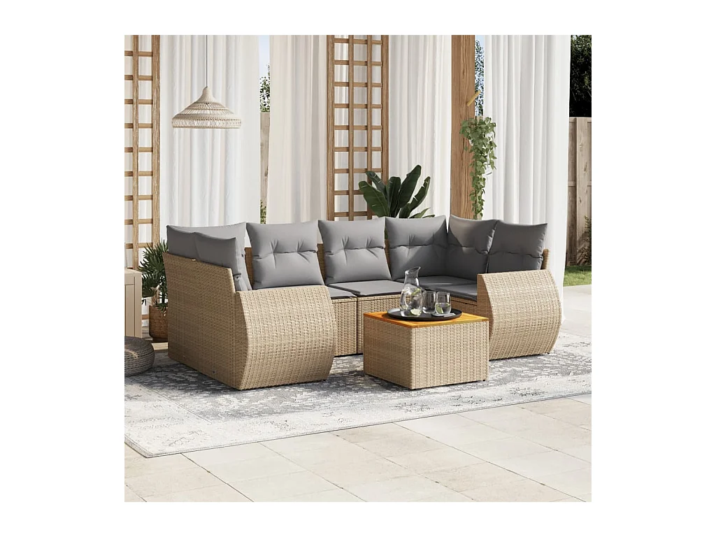 Salon de jardin avec coussins 7 pcs beige résine tressée