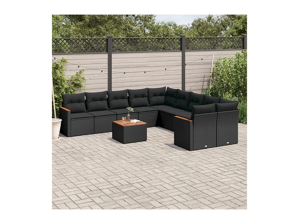 Salon de jardin 11 pcs avec coussins noir résine tressée