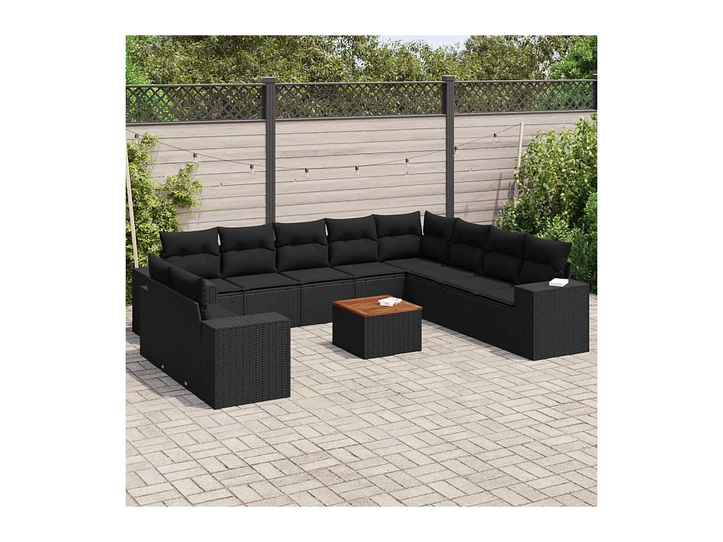 11-tlg. Garten-Sofagarnitur mit Kissen Schwarz Poly Rattan