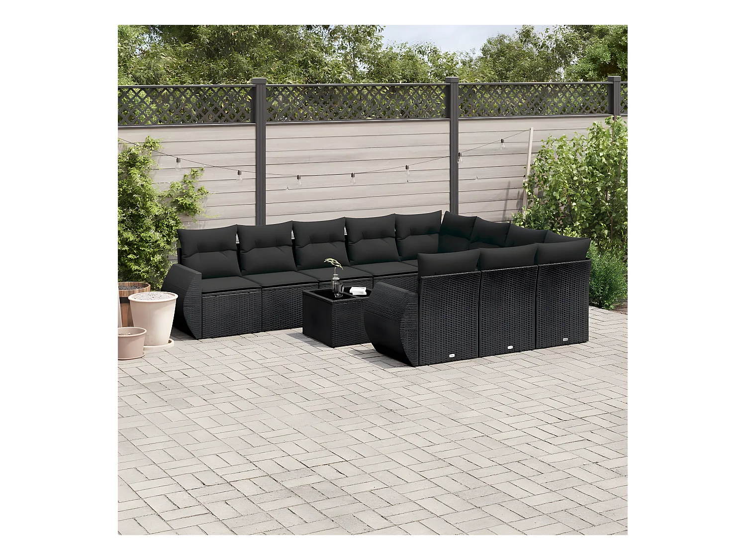 Salon de jardin 11 pcs avec coussins noir résine tressée