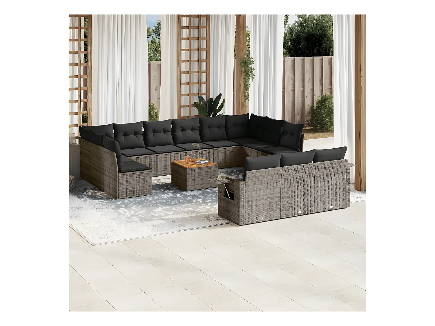 14-tlg. Garten-Sofagarnitur mit Kissen Grau Poly Rattan