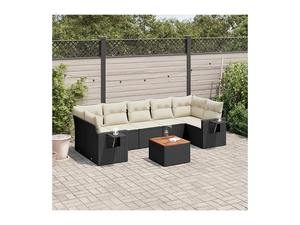 8-delige Loungeset met kussens poly rattan zwart