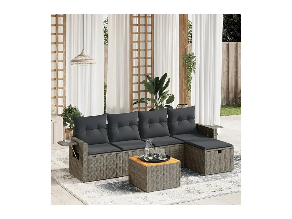 Salon de jardin 6 pcs avec coussins gris résine tressée