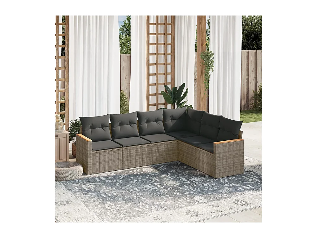 Salon de jardin 6 pcs avec coussins gris résine tressée