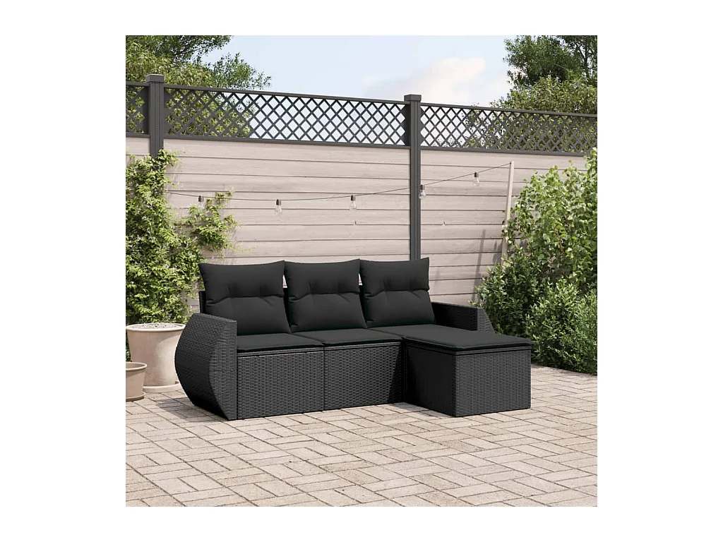 Salon de jardin 4 pcs avec coussins noir résine tressée