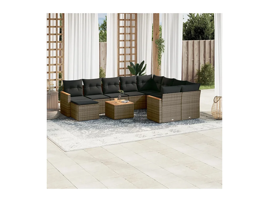 Salon de jardin 11 pcs avec coussins gris résine tressée