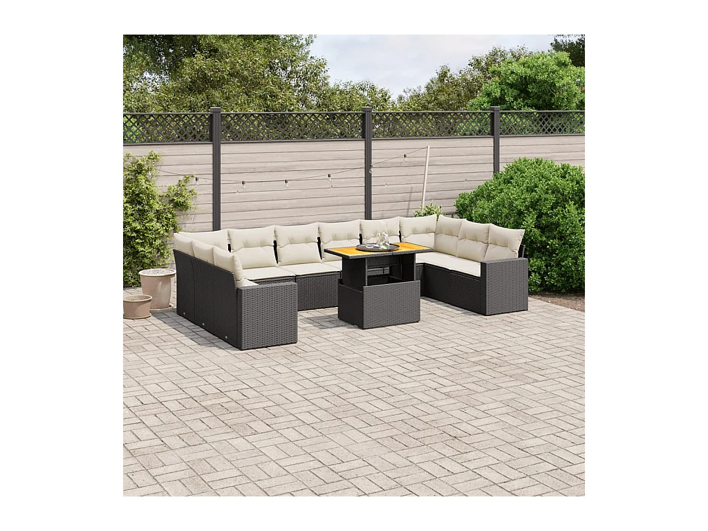 Salon de jardin 11 pcs avec coussins noir résine tressée