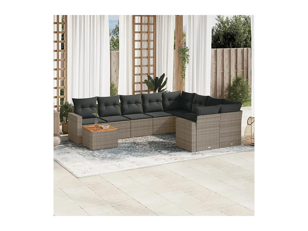10-delige Loungeset met kussens poly rattan grijs