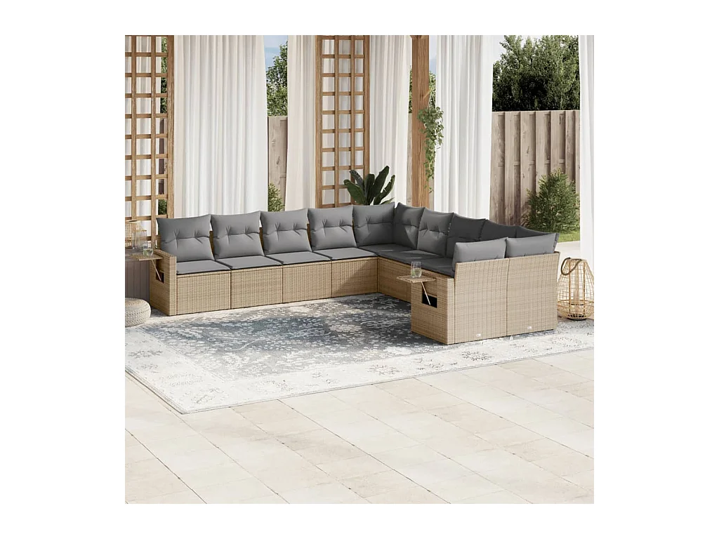 Set Divano da Giardino 10 pz con Cuscini Beige in Polyrattan