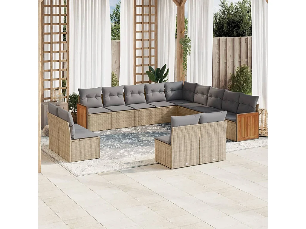 Set Divano da Giardino 13 pz con Cuscini Beige in Polyrattan