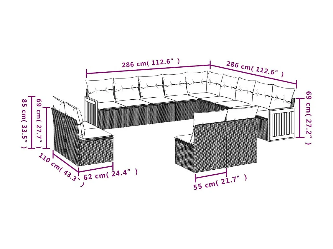 Set Divano da Giardino 13 pz con Cuscini Beige in Polyrattan