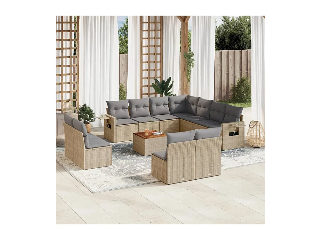 Salon de jardin et coussins 12 pcs mélange beige résine tressée
