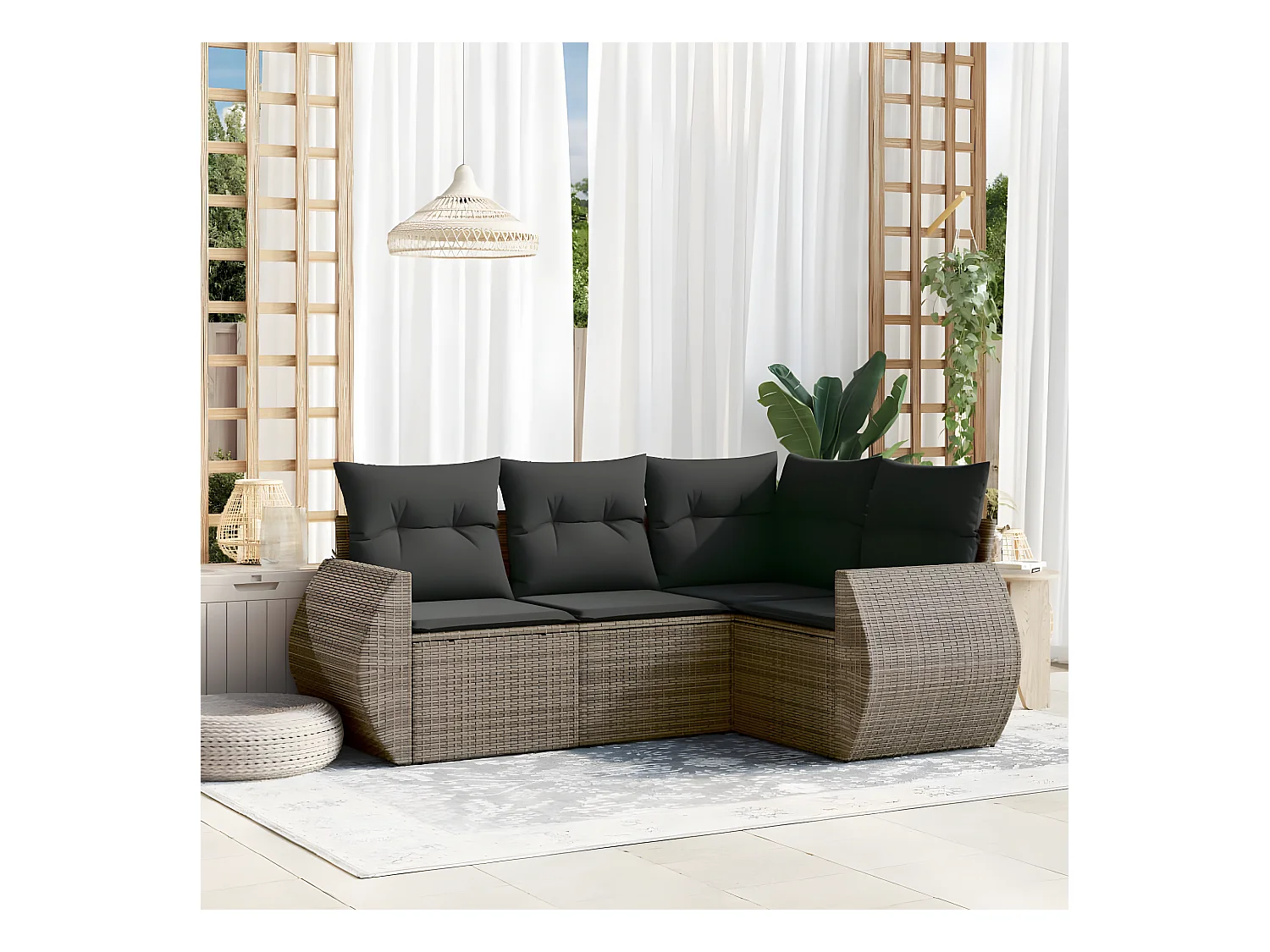 4 pcs conjunto sofás de jardim c/ almofadões vime PE cinzento