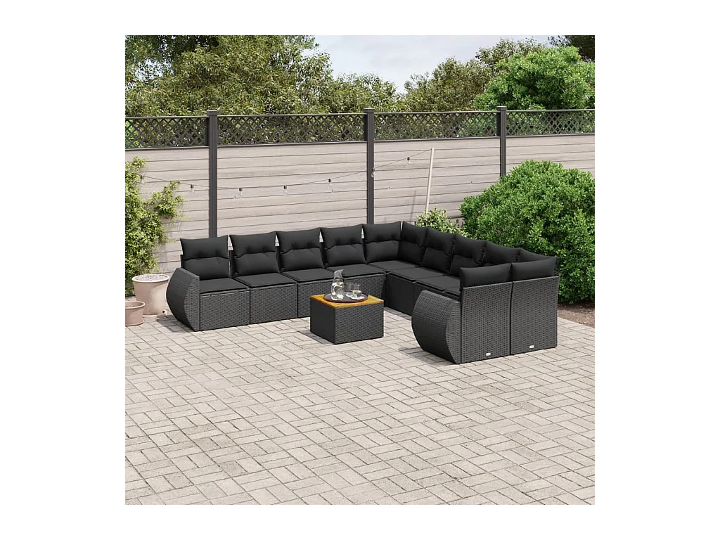 11-tlg. Garten-Sofagarnitur mit Kissen Schwarz Poly Rattan