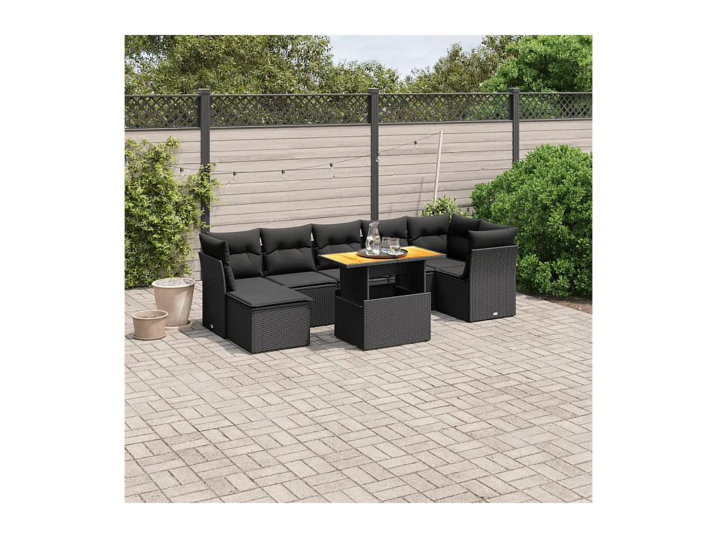 Salon de jardin 8 pcs avec coussins noir résine tressée