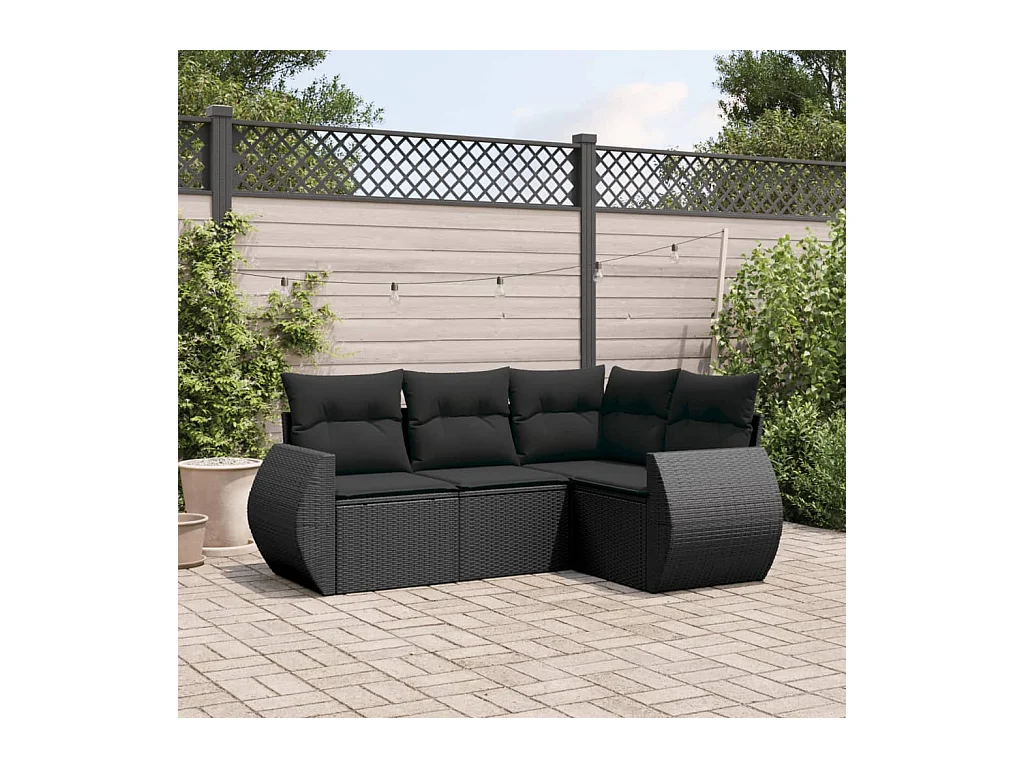 4-delige Loungeset met kussens poly rattan zwart