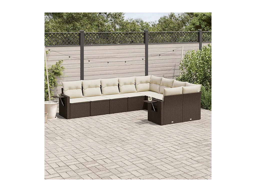 9-tlg. Garten-Sofagarnitur mit Kissen Braun Poly Rattan