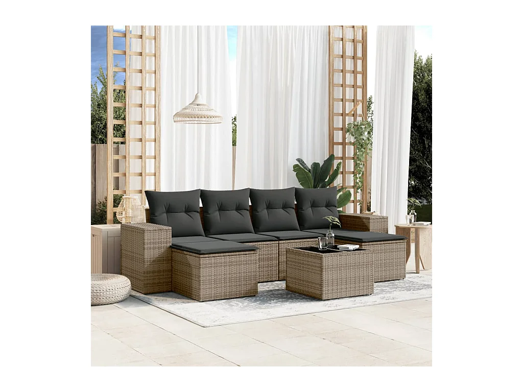 7-tlg. Garten-Sofagarnitur mit Kissen Grau Poly Rattan