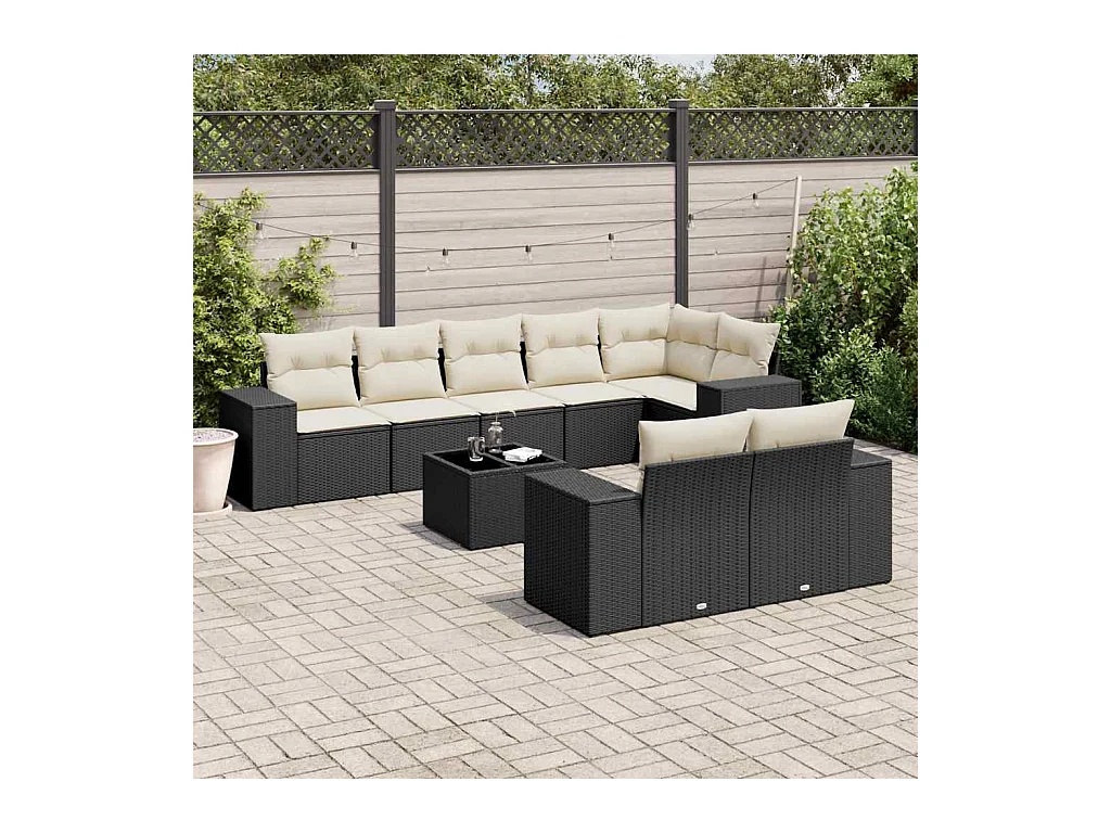 Set Divani da Giardino 9 pz con Cuscini Nero in Polyrattan