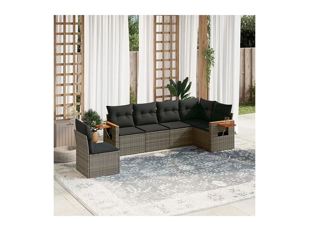 6-delige Loungeset met kussens poly rattan grijs