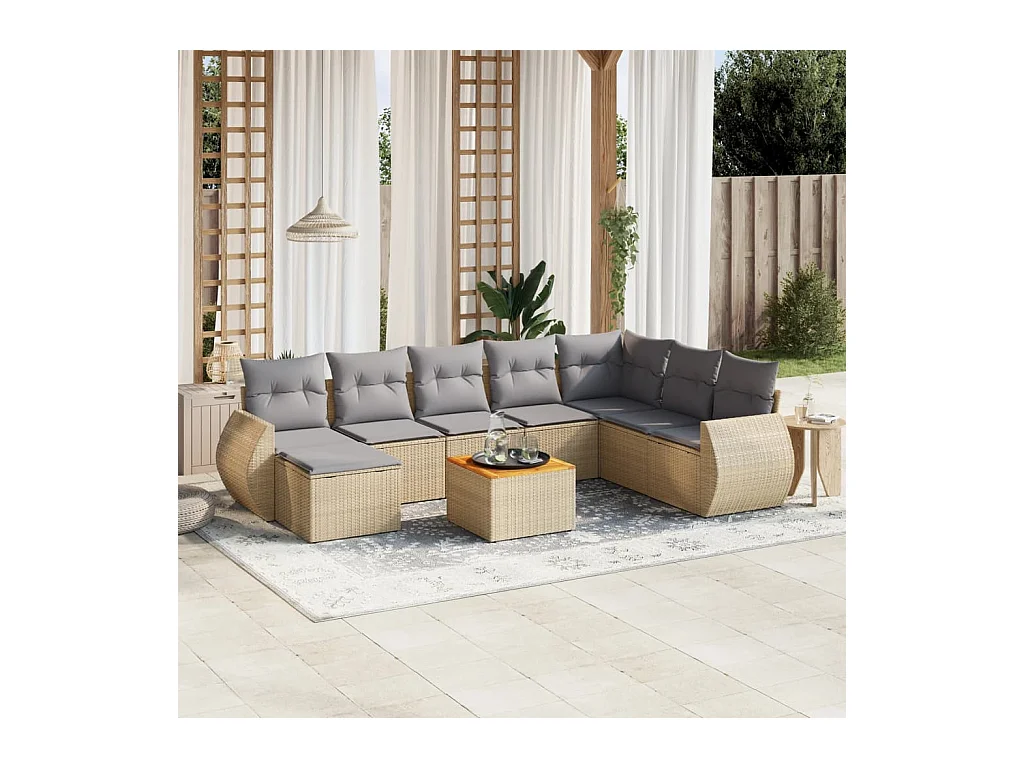 Set de sofás de jardín 9 pzas con cojines ratán sintético beige