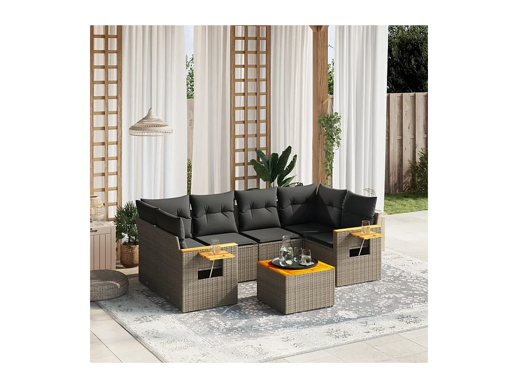 Set de sofás de jardín 7 piezas con cojines ratán PE gris