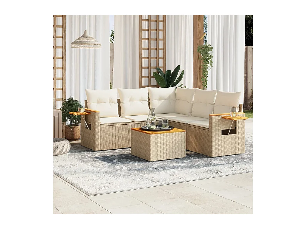 Set Divano da Giardino 6 pz con Cuscini Beige in Polyrattan