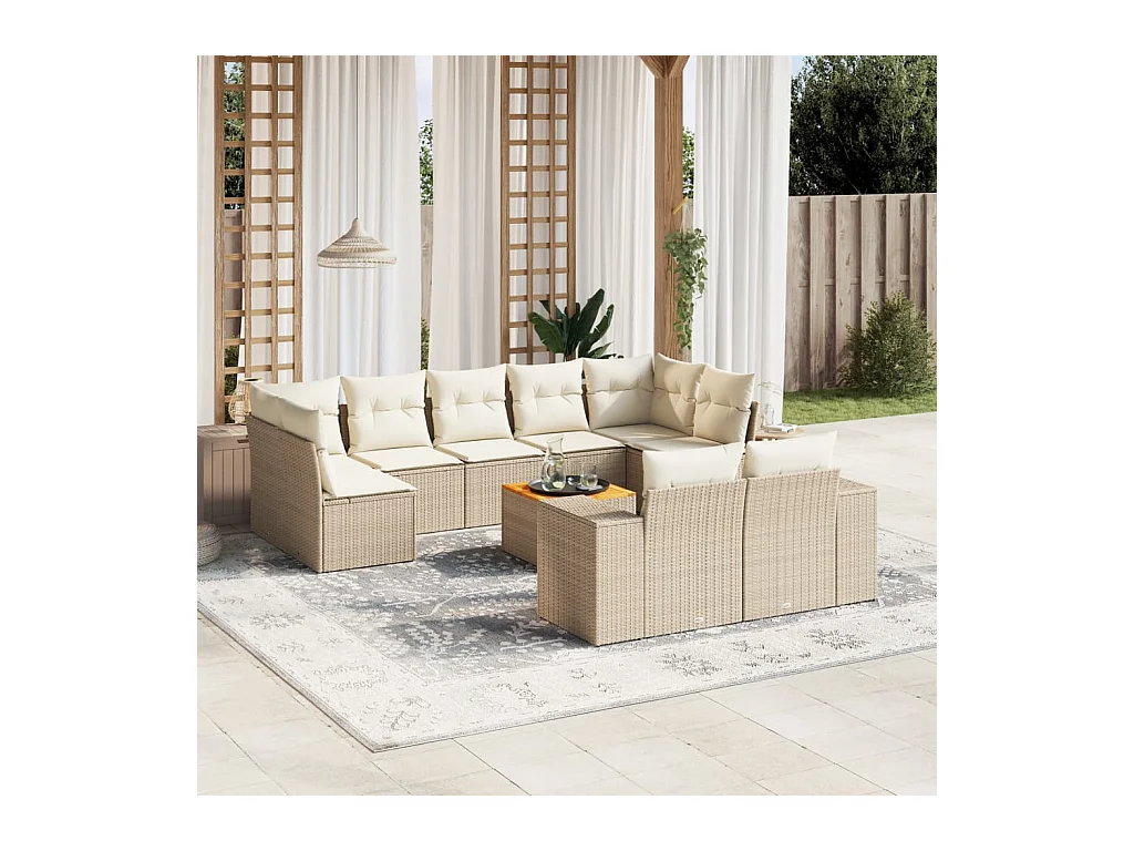 Salon de jardin avec coussins 10 pcs beige résine tressée
