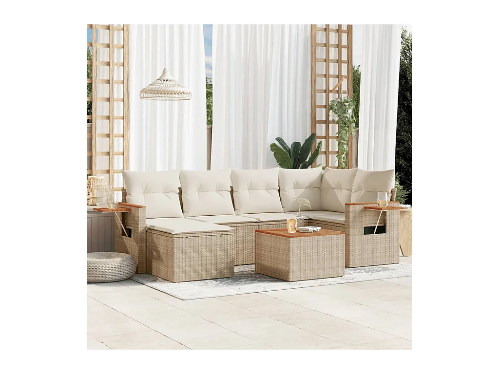Set Divani da Giardino 7 pz con Cuscini Beige in Polyrattan