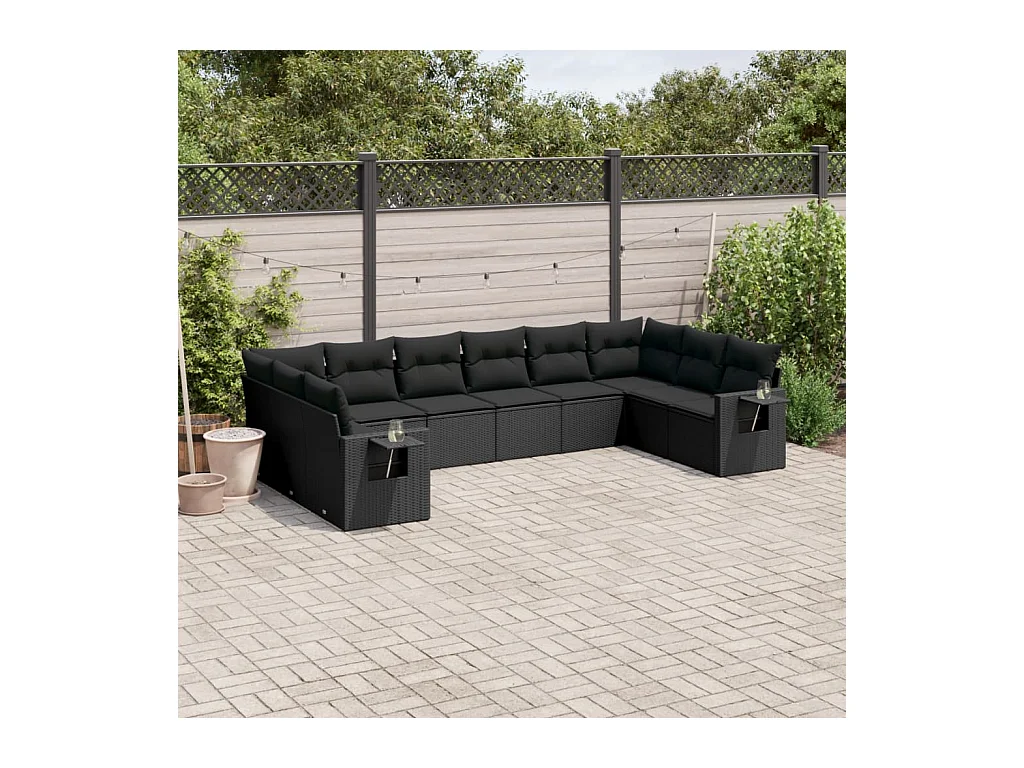 10-tlg. Garten-Sofagarnitur mit Kissen Schwarz Poly Rattan