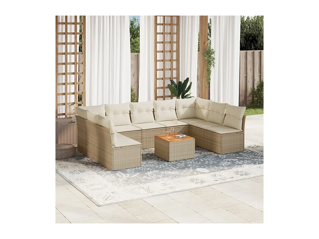 Salon de jardin avec coussins 10 pcs beige résine tressée