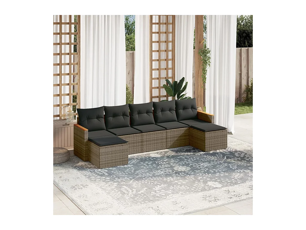 Salon de jardin avec coussins 7 pcs gris résine tressée