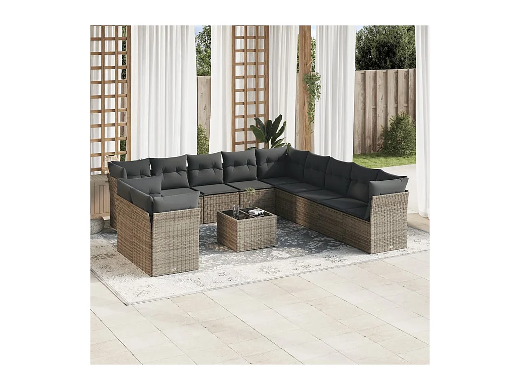 12-tlg. Garten-Sofagarnitur mit Kissen Grau Poly Rattan