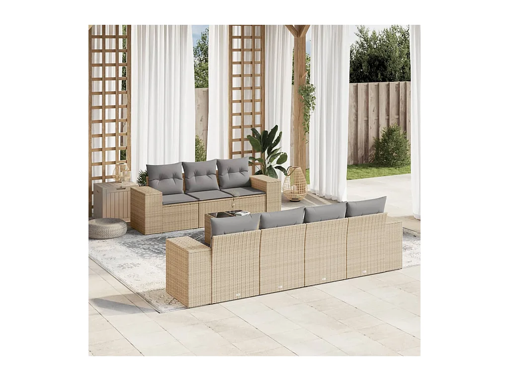 Salon de jardin avec coussins 8 pcs beige résine tressée