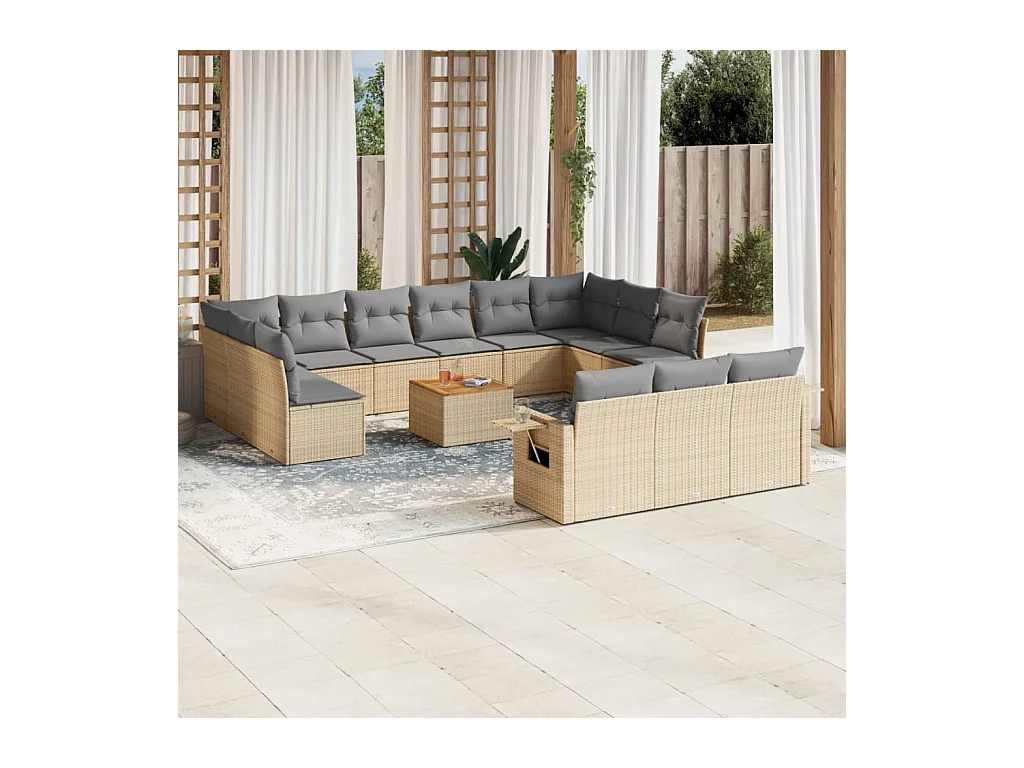 14-tlg. Garten-Sofagarnitur mit Kissen Beige Poly Rattan