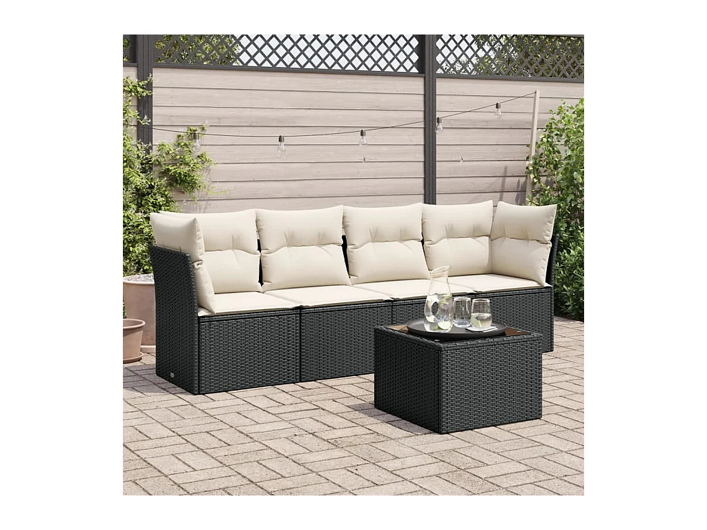 Salon de jardin 5 pcs avec coussins noir résine tressée
